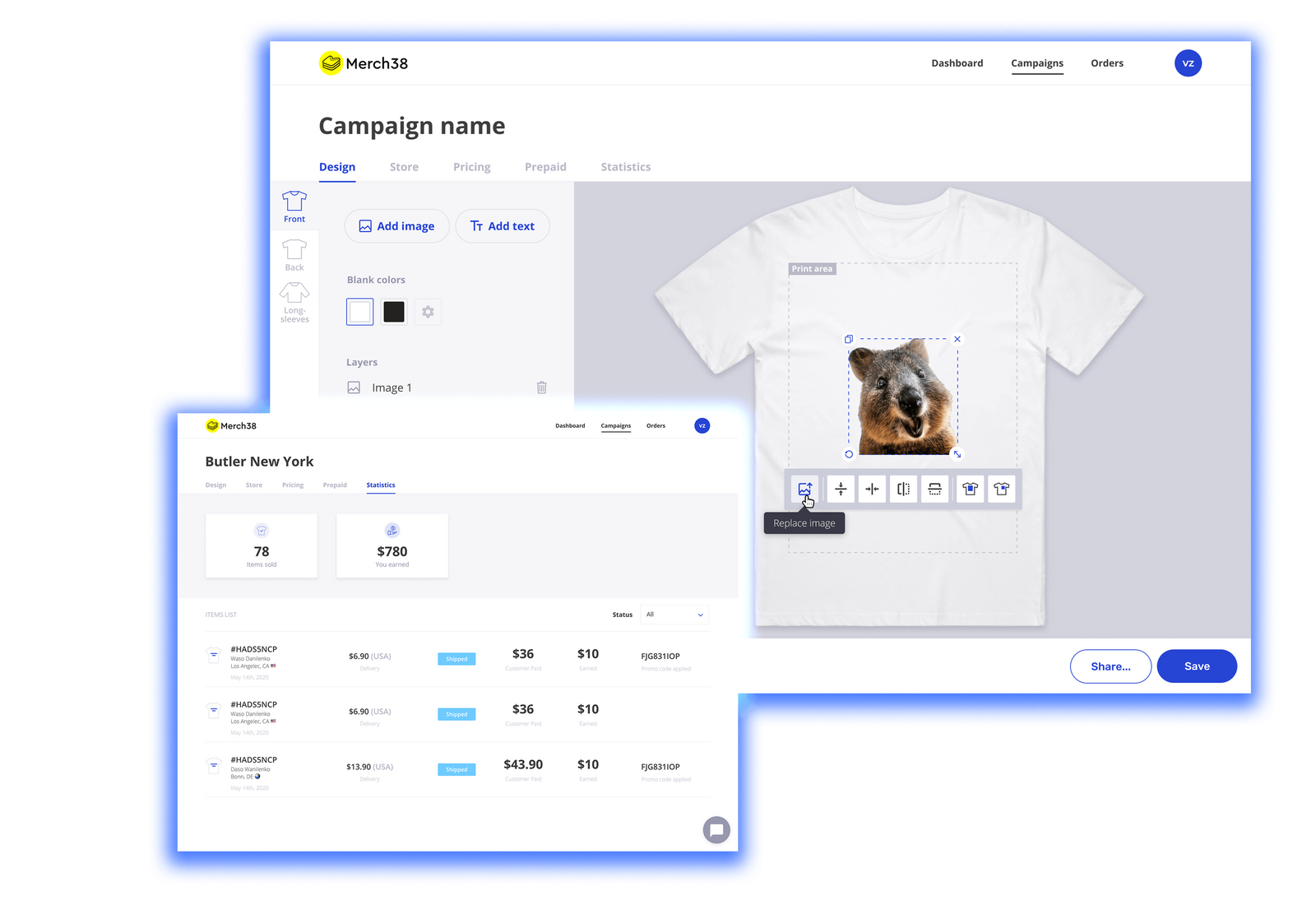 Merch 38 SaaS product interface